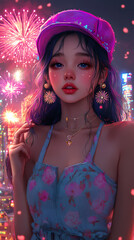 Fototapeta premium Playful Anime Girl in Santa Suit: New Year’s Eve Kawaii Style