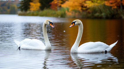 A white swan floats on the lake