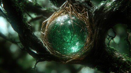 A glowing green orb nestled in a golden nest, suspended from a moss-covered branch.