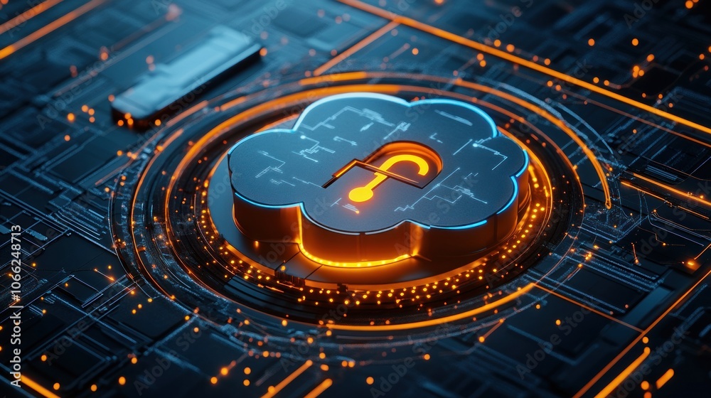 Poster glowing cloud security symbol on circuit board
