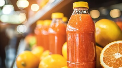 Refreshing orange juice bottles with fresh oranges on display in a grocery store.