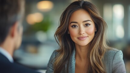 Obraz premium A woman with long brown hair is smiling at the camera. Generative AI