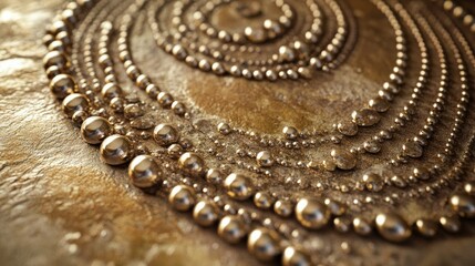 Close-up of metallic beads, small and intricate, arranged in a geometric pattern on a polished stone background.