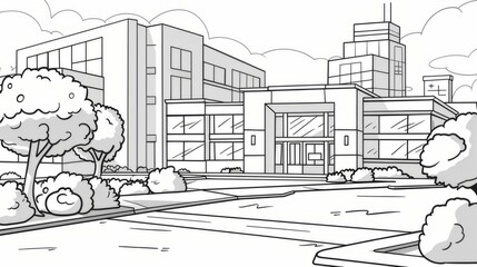 A colorless drawing of a hospital building is ready for children to color.