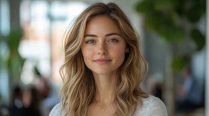 Fototapeta premium A woman with long blonde hair is smiling and wearing a necklace. Generative AI