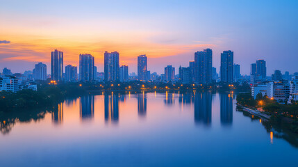 Fototapeta premium A serene urban skyline reflects in calm water at sunset, surrounded by buildings and gentle light, creating a picturesque evening scene.