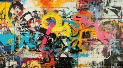 Obraz premium Colorful and chaotic graffiti tags, bold lettering, and abstract forms splattered across a brick wall. The gritty urban vibe adds texture to the scene.