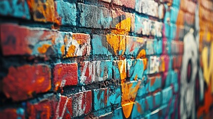 Colorful and chaotic graffiti tags, bold lettering, and abstract forms splattered across a brick wall. The gritty urban vibe adds texture to the scene.