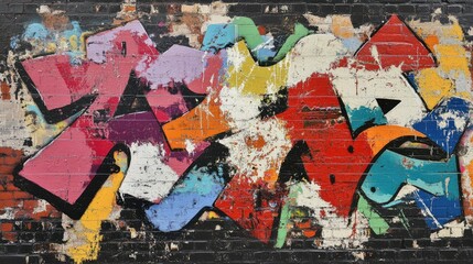 Fototapeta premium Complex layers of graffiti art, with bright colors, tags, and abstract shapes, filling an urban brick wall with raw creativity and energy.