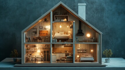 2410_080.miniature house cross-section render, high-resolution interior details, scaled-down furniture, multiple floors, roof structure, chimney, lighting design, textured surfaces, photorealistic