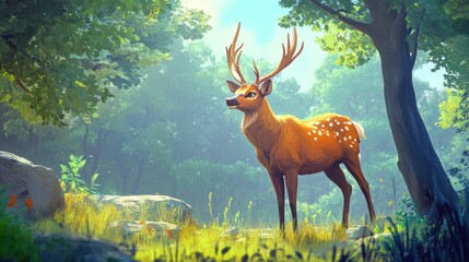 Fototapeta premium A Spotted Deer Standing in a Sunlit Forest Clearing