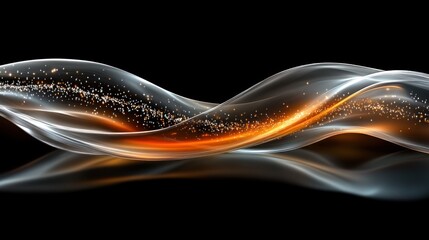 Obraz premium A glowing, orange, wavy line of light, particles, and smoke on a black background.
