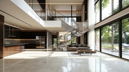 Fototapeta premium 2410_024.luxurious two-story living space, seamless indoor flow, clean lines, integrated kitchen design, airy atmosphere, high-end finishes, photorealistic 3d model