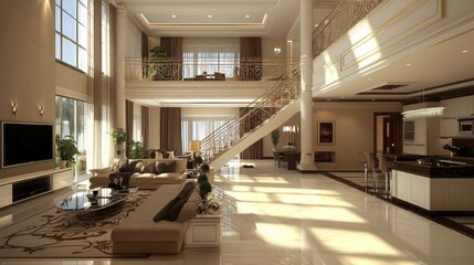 2410_024.luxurious two-story living space, seamless indoor flow, clean lines, integrated kitchen design, airy atmosphere, high-end finishes, photorealistic 3d model