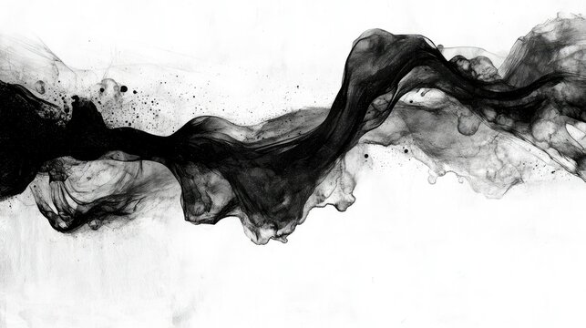 Dynamic black ink strokes, partially diluted with gray washes, create abstract organic forms on rough cotton watercolor paper.