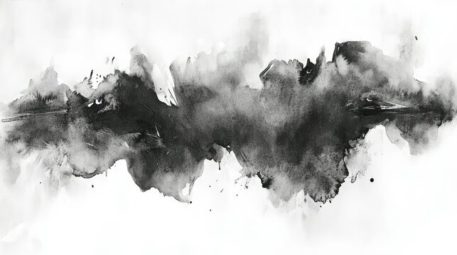 Dynamic black ink strokes, partially diluted with gray washes, create abstract organic forms on rough cotton watercolor paper.