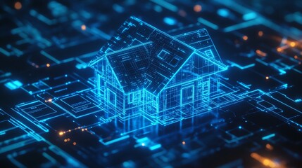 2410_047.digital real estate technology, holographic house projection, luminescent blue interface, glowing data visualizations, smart home analytics, floating interactive elements, modern