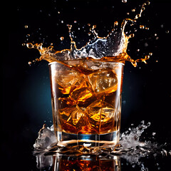 A close-up view capturing the moment an ice cube is dropped into a glass of soda, causing a dynamic splash