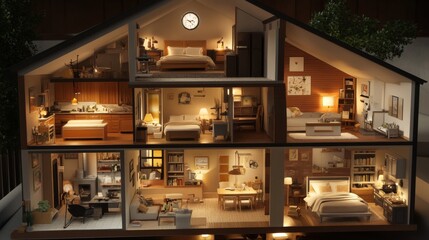 2410_077.cutaway view of multi-level home, detailed miniature rooms, open floor plan, attic bedrooms, modern kitchen, cozy living spaces, tiny decorative elements, realistic textures, soft shadows