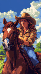 Obraz premium Close-up of a cowboy woman on horse as a cover for an 8-bit retro game