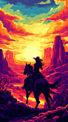 Fototapeta premium Close-up of a cowboy woman on horse as a cover for an 8-bit retro game