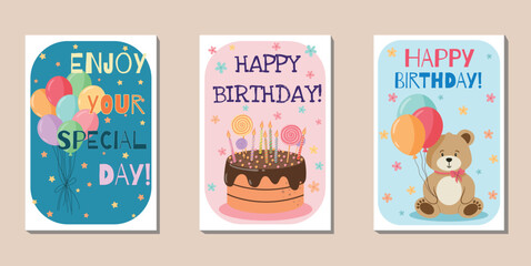 Birthday Card Vector Set Illustrations. Festive Collection of Designs for Celebrations and Greetings. Kids birthday, party