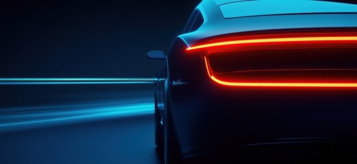 Rear view of a modern car with glowing taillights on a dark background with blue light streaks.
