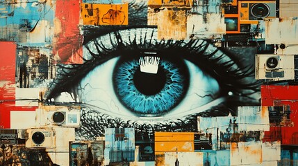 A close-up of a blue eye with long eyelashes looking directly at the viewer, painted on a collage of vintage photographs and images.
