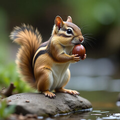 Obraz premium Cute Images - A chipmunk stands on a rock, holding a nut with its mouth open near a stream.