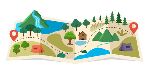 Cute hand drawn traveling map with mountains, tents, trees, hills landscape, adventure for banner, wallpaper, card. © Orapun