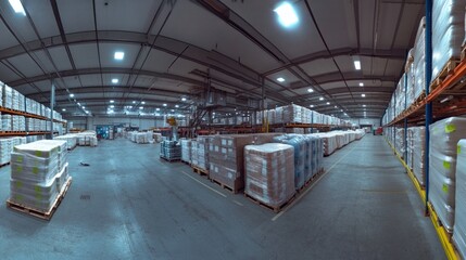 Fototapeta premium Industrial Warehouse Interior with Pallets and Shelving