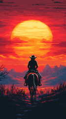 Fototapeta premium Close-up of a cowboy woman on horse as a cover for an 8-bit retro game