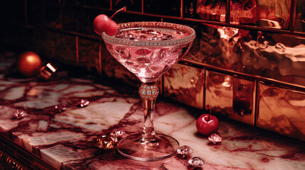 luxury jewelry cocktail foodporn photography of red cherry martini drink with unique diamond necklace integrated, luxury Creative Edgy Sleek unique aesthetic sexy fashion liquor concept 