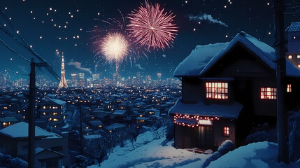 Obraz premium New Year’s Eve Fireworks in Anime Style: Midnight Cityscape Art