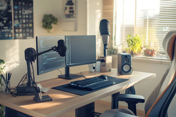  Modern desk setup with dual monitors, keyboard, microphone, and speakers, ideal for programmers, gamers, or content creators, in a minimalist home office with natural lighting