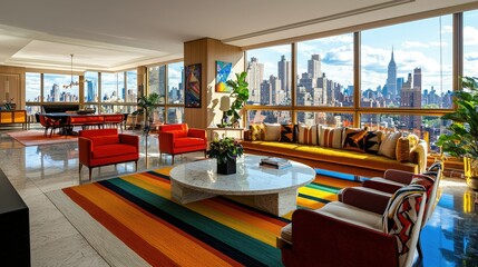 Fototapeta premium A modern living room featuring vibrant furnishings and large windows with a panoramic city view.