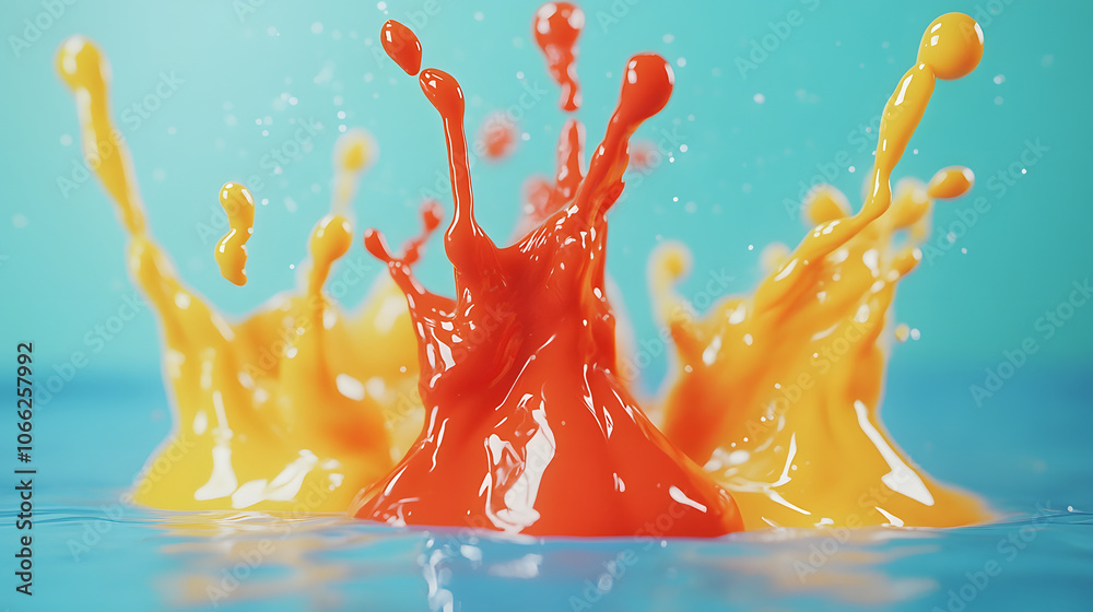 Poster vibrant splashes of red and yellow paint create an eye-catching contrast against a blue background, 