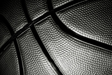 Detailed macro black and white texture of official leather basketball. Streetball and hoops. Professional sports backgrounds