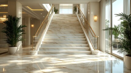 Elegant staircase with marble steps, brass railings, and glass balustrades.