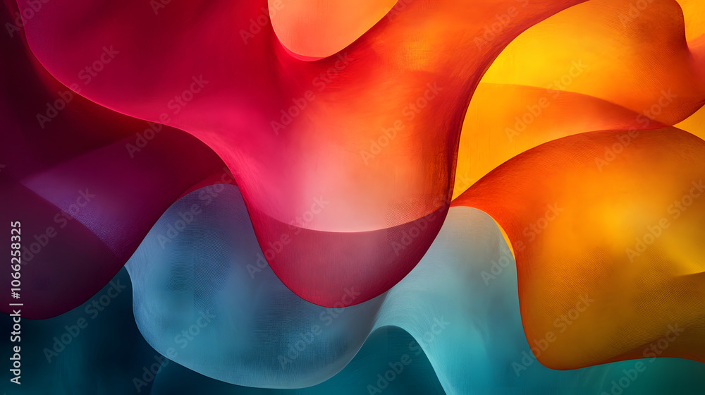Poster a vibrant abstract design featuring flowing waves of red, orange, blue, and yellow, creating a sense