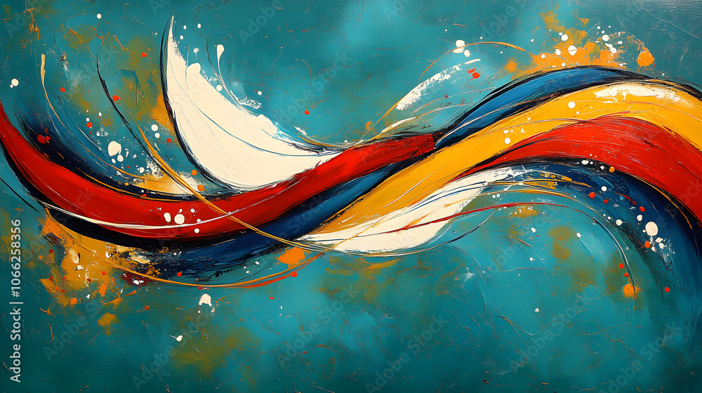 Poster A vibrant abstract artwork featuring flowing lines in red, blue, and yellow against a turquoise background, creating a dynamic visual experience.