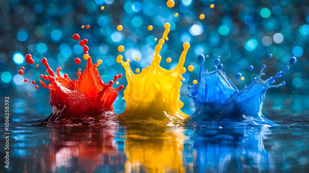 Poster vibrant splashes of red, yellow, and blue paint create a dynamic scene against a shimmering blue bac