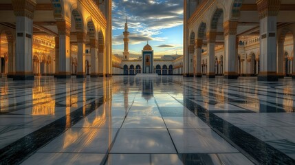 Fototapeta premium The Grand Mosque empty courtyards, reflecting the light of the setting sun on its marble floors, leading up to the Kaaba.