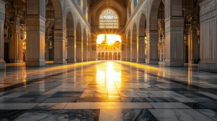 Obraz premium The Grand Mosque empty courtyards, reflecting the light of the setting sun on its marble floors, leading up to the Kaaba.