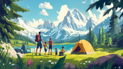 Illustration of a family camping in the mountains, enjoying nature, adventure, outdoor exploration, hiking, tent setup, beautiful lake, scenic landscape, and summer vacation