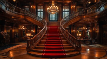 Fototapeta premium Grand staircase with plush red carpet, polished wood steps, and a chandelier.