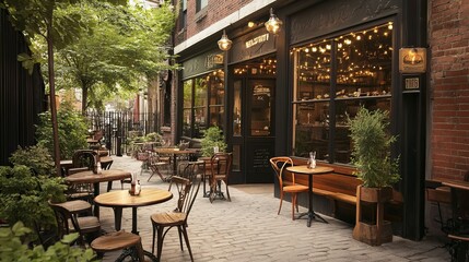 A charming caf&eacute; with outdoor seating, vintage decor -