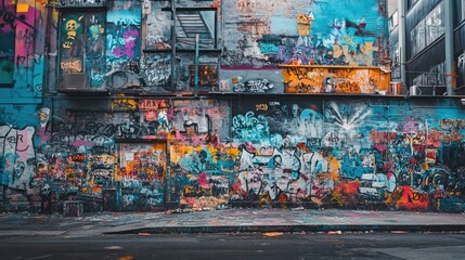 Fototapeta premium Urban wall covered with layers of graffiti, featuring bold and vibrant spray paint tags and large-scale street art designs. A chaotic yet captivating background.