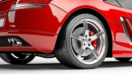 A close-up of a red sports car's rear wheel and brake system, showcasing its design.