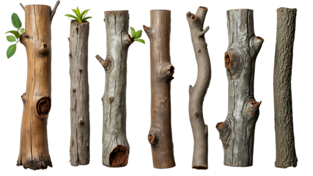 Isolated white tree trunks and tropical stems